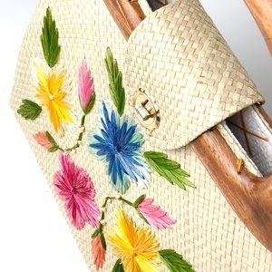 Vintage embroidered Whidby Straw purse tote bag